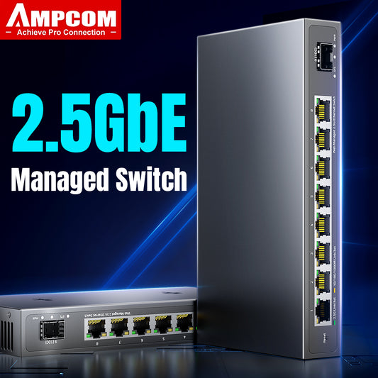 AMPCOM 2.5GbE Managed Switch 8 Port 2.5GBASE-T Netzwerkschalter 10G SFP+ Slot Uplink Web Management QOS VLAN LACP Fanless