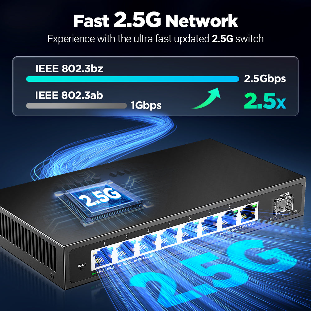 AMPCOM 2.5GbE Managed Switch 8 Port 2.5GBASE-T Netzwerkschalter 10G SFP+ Slot Uplink Web Management QOS VLAN LACP Fanless