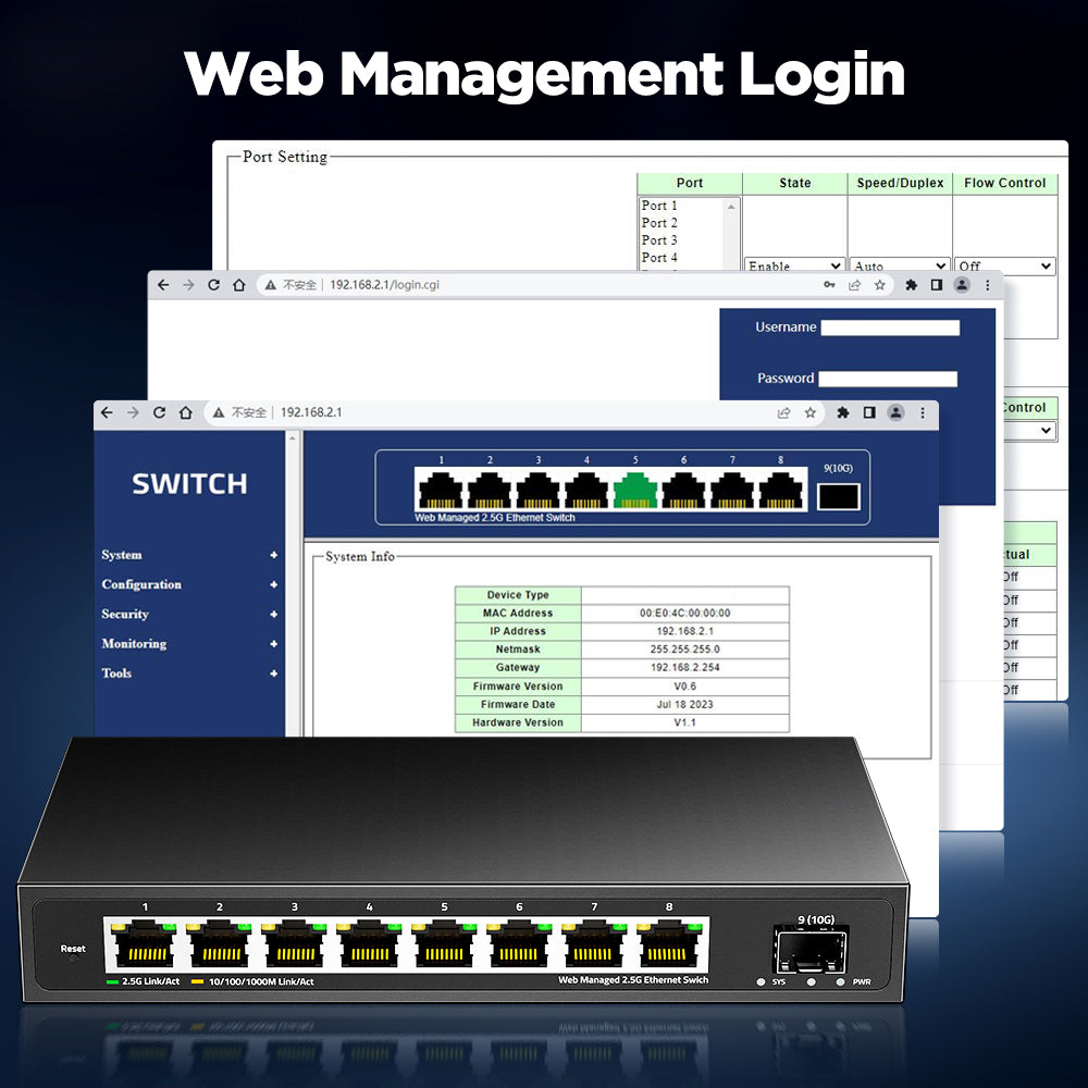 AMPCOM 2.5GbE Managed Switch 8 Port 2.5GBASE-T Netzwerkschalter 10G SFP+ Slot Uplink Web Management QOS VLAN LACP Fanless